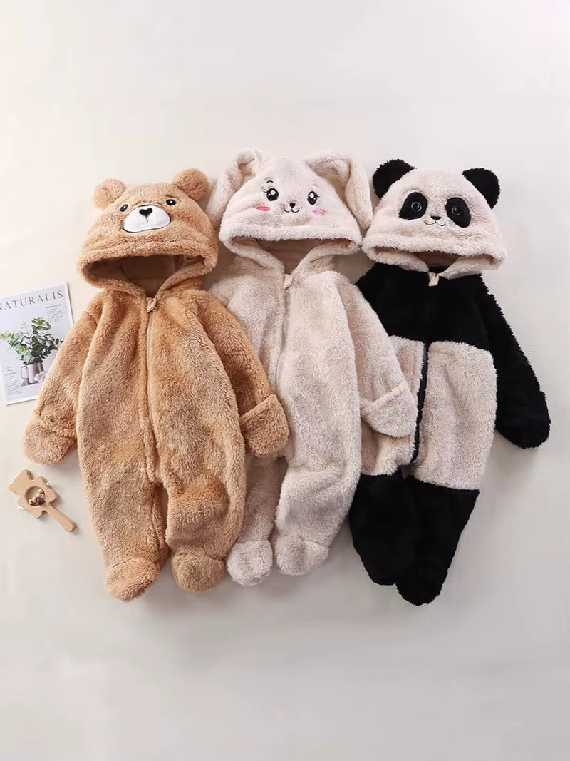 2025 Autumn Winter Baby Romper Cartoon Fluffy Panda Rabbit Bear Jumpsuit Boys Girls Soft Warm Cotton Outwear Clothes
