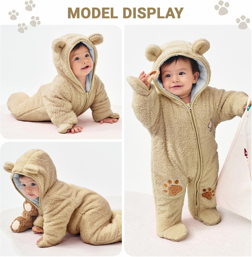 Newborn Baby Winter Hooded Romper, Cartoon Zipper Footie Fleece Snowsuit Jumpsuit Outfits 0-12 Months