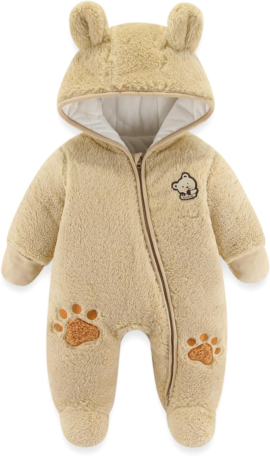 Newborn Baby Winter Hooded Romper, Cartoon Zipper Footie Fleece Snowsuit Jumpsuit Outfits 0-12 Months