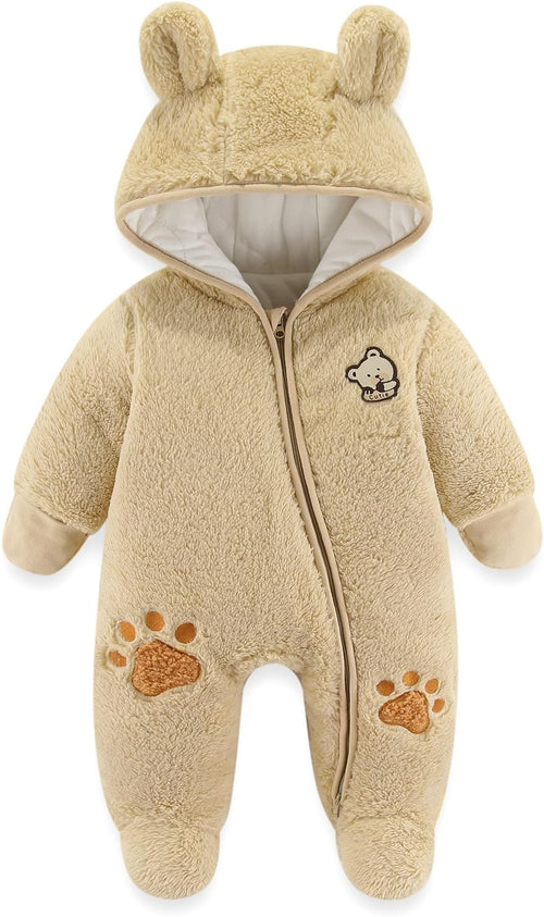 Newborn Baby Winter Hooded Romper, Cartoon Zipper Footie Fleece Snowsuit Jumpsuit Outfits 0-12 Months