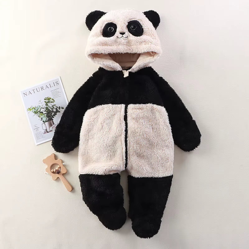 2025 Autumn Winter Baby Romper Cartoon Fluffy Panda Rabbit Bear Jumpsuit Boys Girls Soft Warm Cotton Outwear Clothes