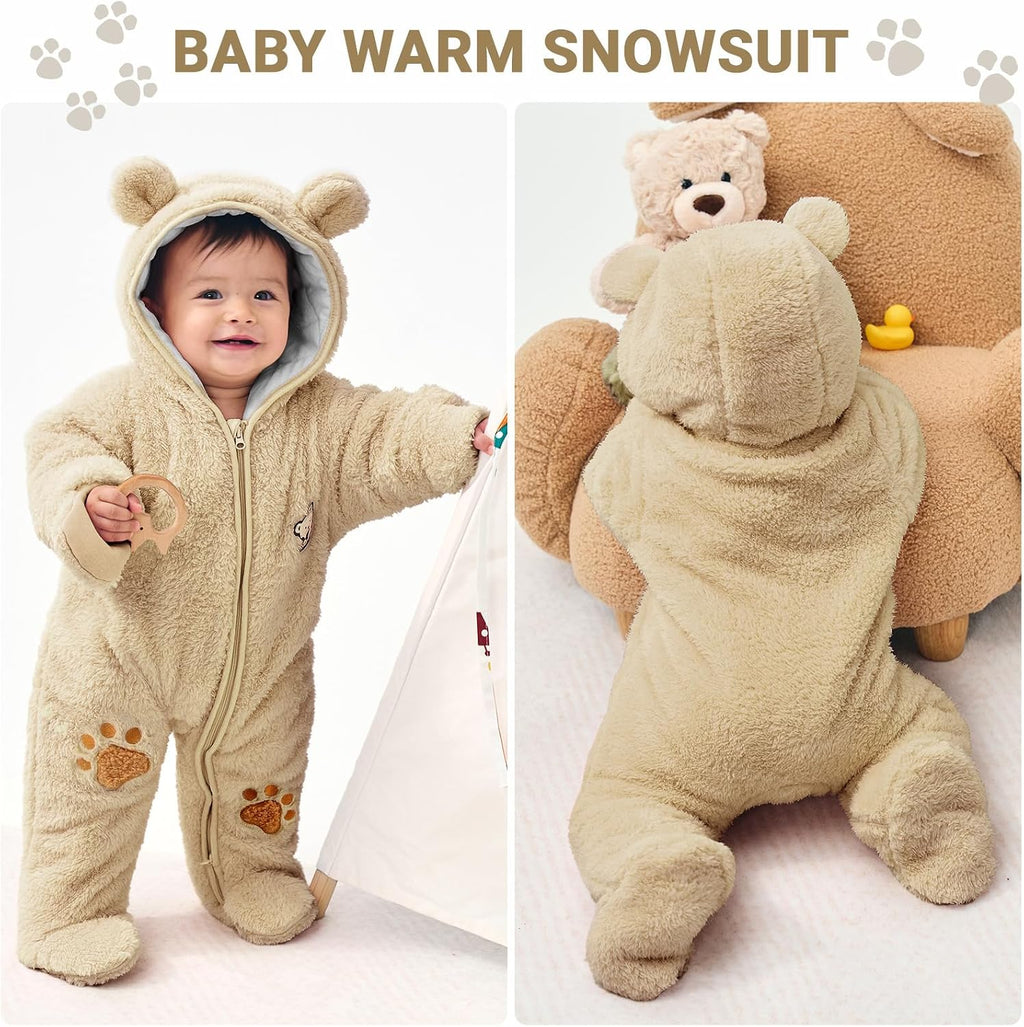 Newborn Baby Winter Hooded Romper, Cartoon Zipper Footie Fleece Snowsuit Jumpsuit Outfits 0-12 Months