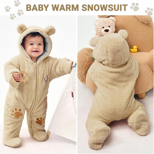 Newborn Baby Winter Hooded Romper, Cartoon Zipper Footie Fleece Snowsuit Jumpsuit Outfits 0-12 Months